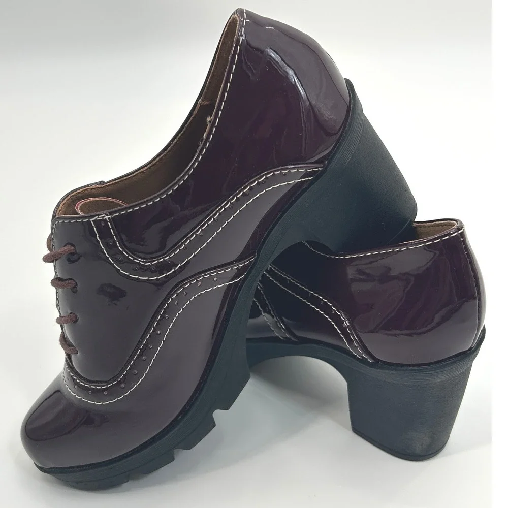 Womens Burgundy Patent Lace Up‎ Oxford Platform Chunky Heel Lug Sole Shoe Size 7